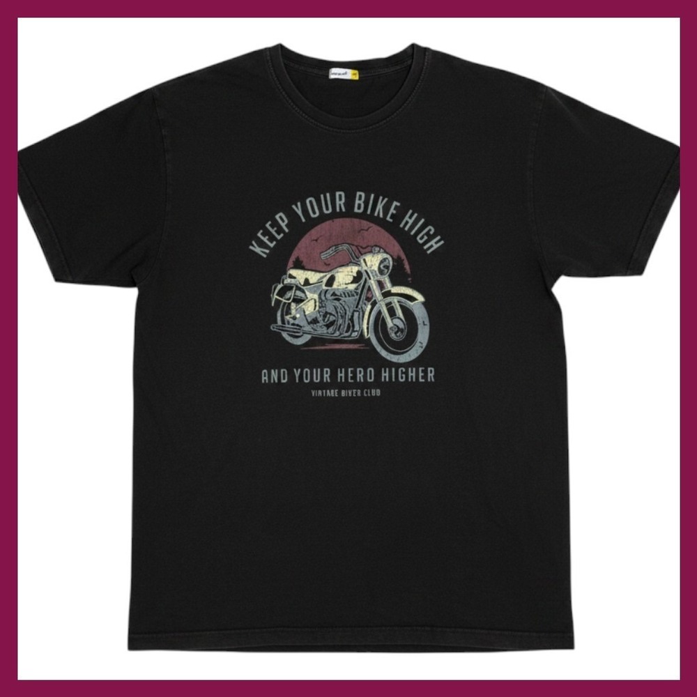 Bewakoof Mens XXL Black Motorcycle Graphic Tee Vintage Biker Club T-Shirt